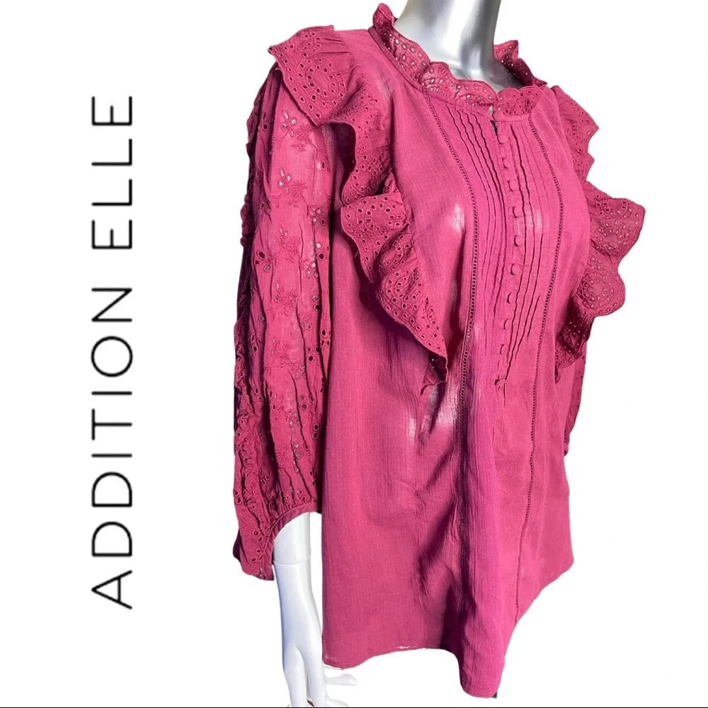 AE Boho Top Eyelet Sleeve and Trim Pintuck Front Detail Plum Size 2X - Picture 3 of 6
